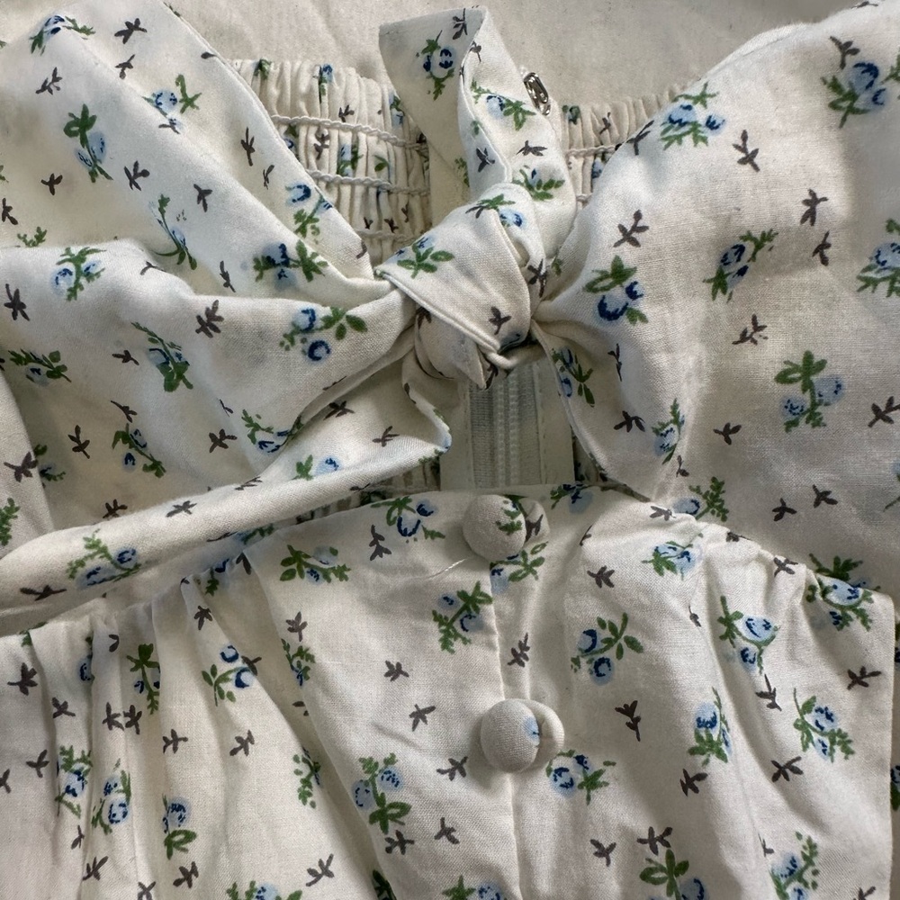Lulus White Blue Floral Puff Sleeve Tie Front Babydoll Mini Dress Size M - Picture 6 of 13
